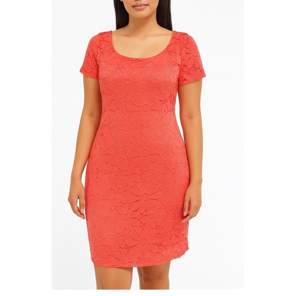 TIANA B. Women's Pullover Lace overlay Short Sleeve Dress coral NEW SZ LG
